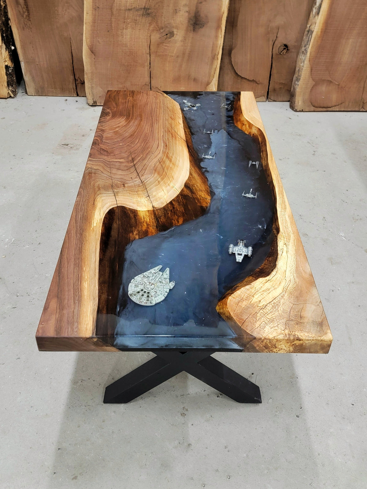 custom walnut wooden epoxy table with sci-fi fantasy star wars ships included (millenium falcon, x-wing, tie fighter)