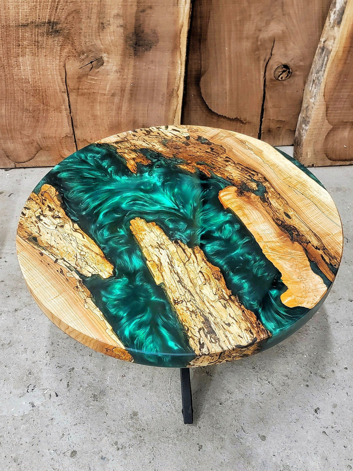 Maple and green epoxy coffee table built by Backyard Resin