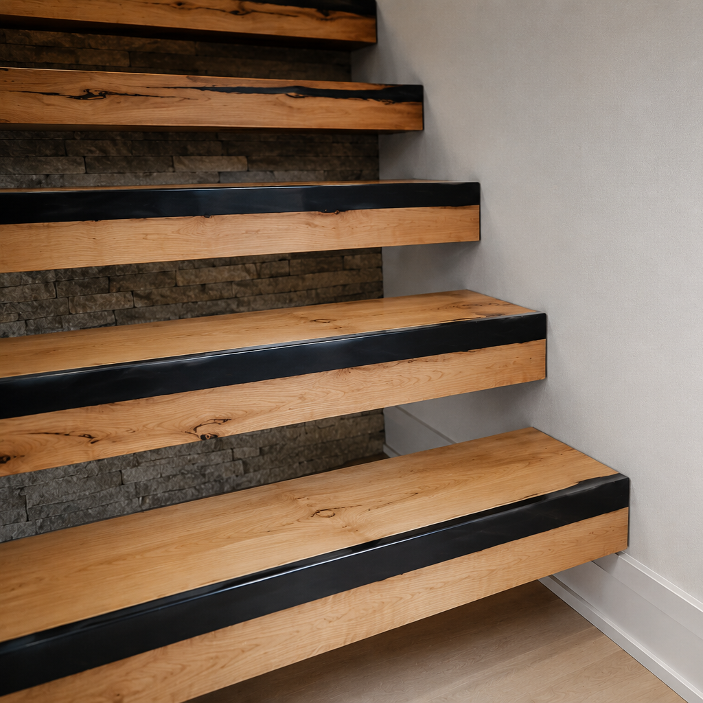 Maple wood staircase with black epoxy strip in modern home.